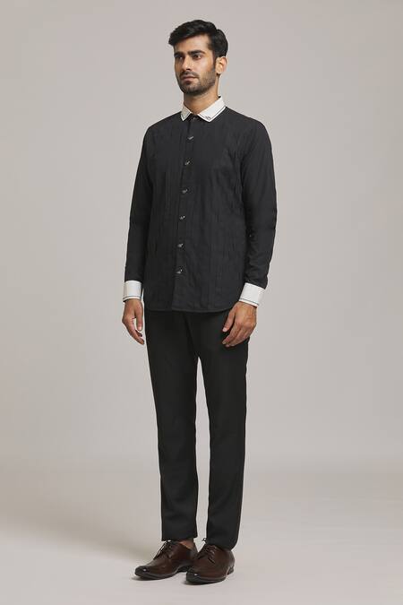 Arihant Rai Sinha_Black Cotton Inverted Pleat Shirt_Online_at_Aza_Fashions
