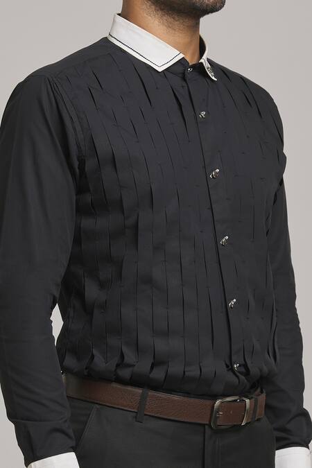Shop_Arihant Rai Sinha_Black Cotton Inverted Pleat Shirt_Online_at_Aza_Fashions