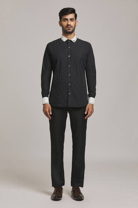 Arihant Rai Sinha_Black Cotton Inverted Pleat Shirt_at_Aza_Fashions