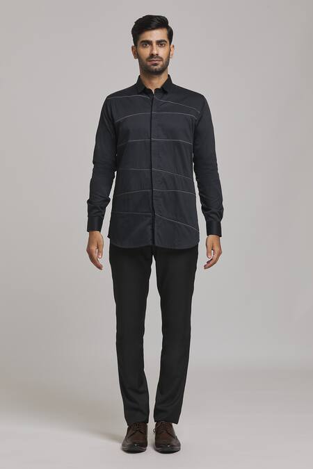 Arihant Rai Sinha_Black Cotton Geometric Pattern Shirt_at_Aza_Fashions