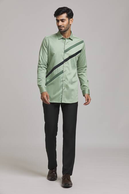 Arihant Rai Sinha Green Cotton Diagonal Stripe Pattern Shirt Online at Aza Fashions Arihant Rai Sinha_Green Cotton Diagonal Stripe Pattern Shirt_Online_at_Aza_Fashions