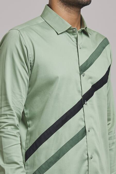 Shop Arihant Rai Sinha Green Cotton Diagonal Stripe Pattern Shirt Online at Aza Fashions Shop_Arihant Rai Sinha_Green Cotton Diagonal Stripe Pattern Shirt_Online_at_Aza_Fashions