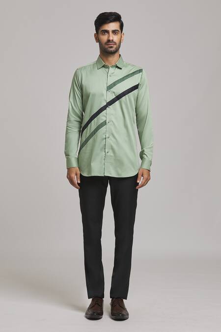 Arihant Rai Sinha Green Cotton Diagonal Stripe Pattern Shirt at Aza Fashions Arihant Rai Sinha_Green Cotton Diagonal Stripe Pattern Shirt_at_Aza_Fashions