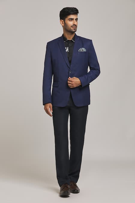 Aryavir Malhotra Blue Poly Viscose Notched Lapel Collar Blazer 