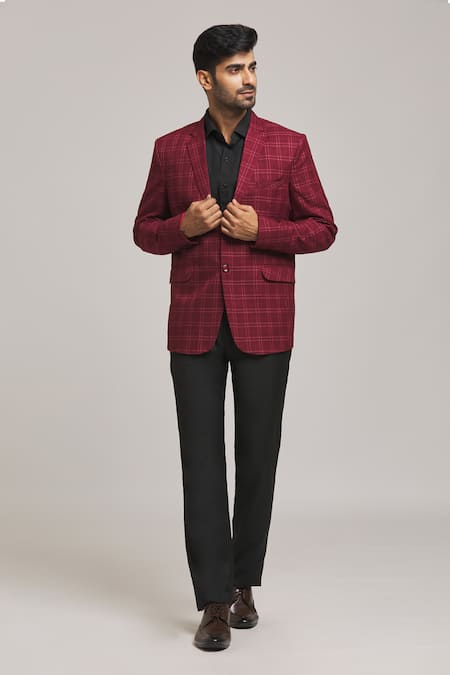 Buy Maroon Poly Viscose Checkered Pattern Tweed Blazer For Men by