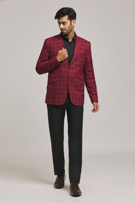 Arihant Rai Sinha_Maroon Polyester, Viscose Checkered Pattern Tweed Blazer _Online_at_Aza_Fashions
