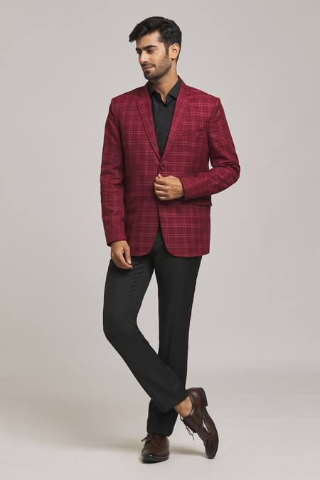 Buy_Arihant Rai Sinha_Maroon Polyester, Viscose Checkered Pattern Tweed Blazer _Online_at_Aza_Fashions