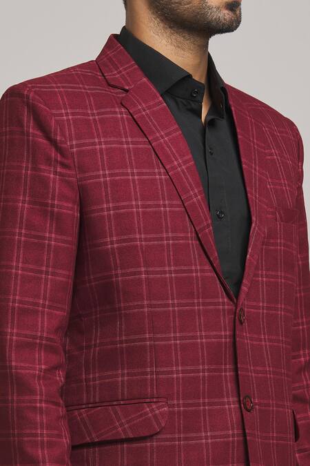 Shop_Arihant Rai Sinha_Maroon Polyester, Viscose Checkered Pattern Tweed Blazer _Online_at_Aza_Fashions