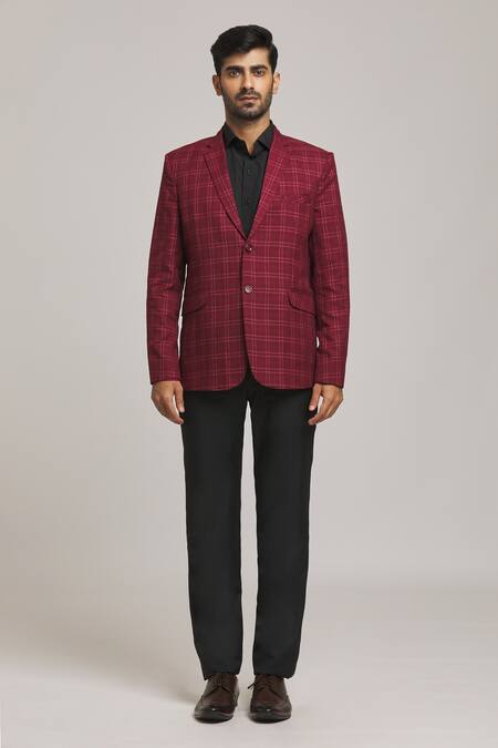 Arihant Rai Sinha_Maroon Polyester, Viscose Checkered Pattern Tweed Blazer _at_Aza_Fashions
