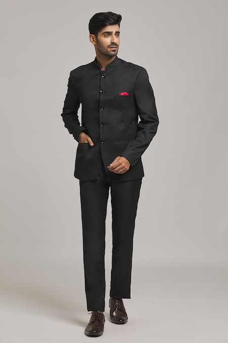 Arihant Rai Sinha Black Polyester, Viscose Plain Bandhgala Blazer Online at Aza Fashions Arihant Rai Sinha_Black Polyester, Viscose Plain Bandhgala Blazer_Online_at_Aza_Fashions