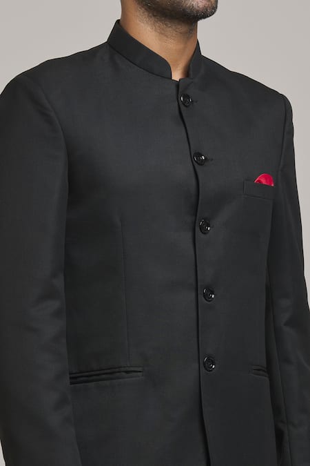 Shop Arihant Rai Sinha Black Polyester, Viscose Plain Bandhgala Blazer Online at Aza Fashions Shop_Arihant Rai Sinha_Black Polyester, Viscose Plain Bandhgala Blazer_Online_at_Aza_Fashions