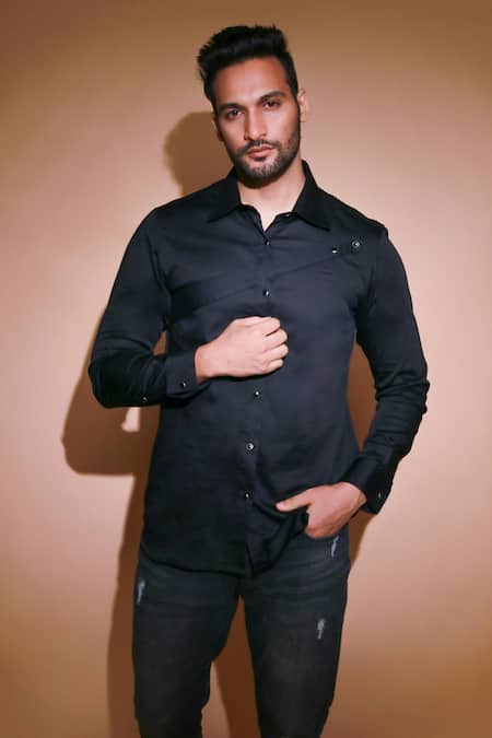 Echke_Black Cotton Solid Full Sleeve Shirt _Online_at_Aza_Fashions