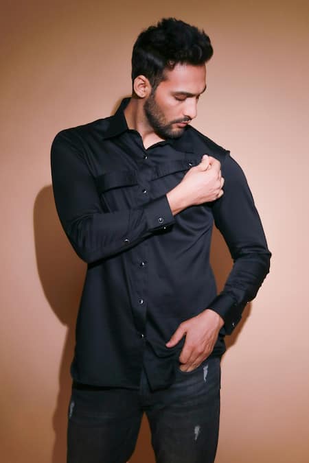 Buy_Echke_Black Cotton Solid Full Sleeve Shirt _Online_at_Aza_Fashions