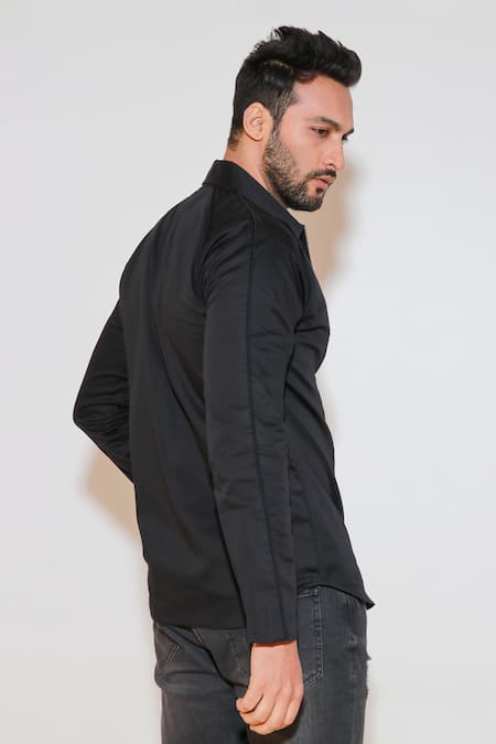 Shop Echke Black Cotton Solid Front Zippered Shirt at Aza Fashions Shop_Echke_Black Cotton Solid Front Zippered Shirt _at_Aza_Fashions