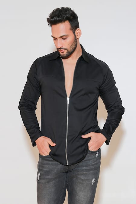 Echke Black Cotton Solid Front Zippered Shirt Online at Aza Fashions Echke_Black Cotton Solid Front Zippered Shirt _Online_at_Aza_Fashions
