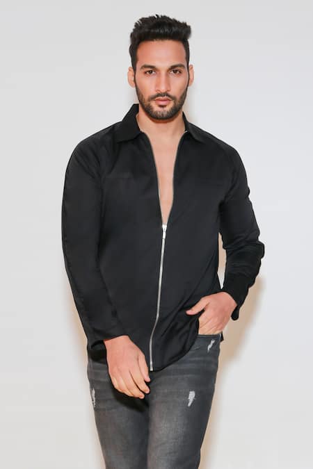Buy Echke Black Cotton Solid Front Zippered Shirt Online at Aza Fashions Buy_Echke_Black Cotton Solid Front Zippered Shirt _Online_at_Aza_Fashions