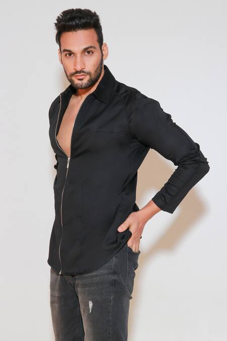 Shop Echke Black Cotton Solid Front Zippered Shirt Online at Aza Fashions Shop_Echke_Black Cotton Solid Front Zippered Shirt _Online_at_Aza_Fashions