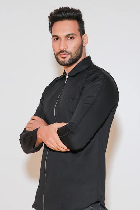 Echke Black Cotton Solid Front Zippered Shirt at Aza Fashions Echke_Black Cotton Solid Front Zippered Shirt _at_Aza_Fashions