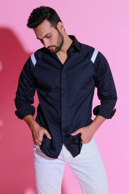 Buy Blue Cotton Blend Solid Plain Full Sleeve Shirt For Men by