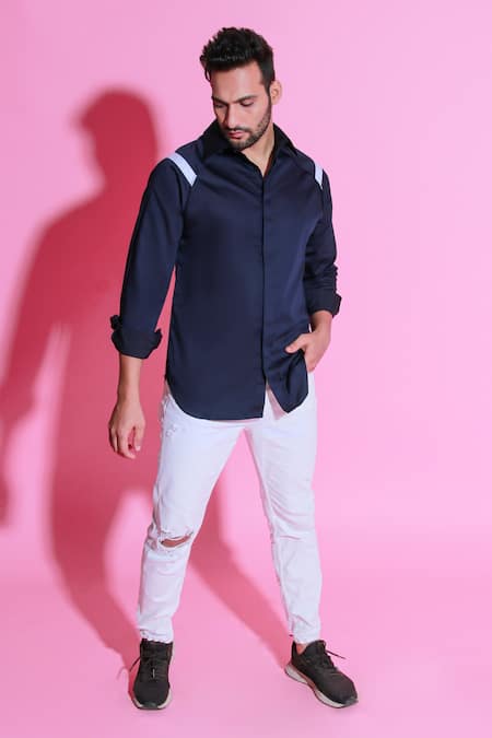 Buy_Echke_Blue Cotton Plain Full Sleeve Shirt _Online_at_Aza_Fashions