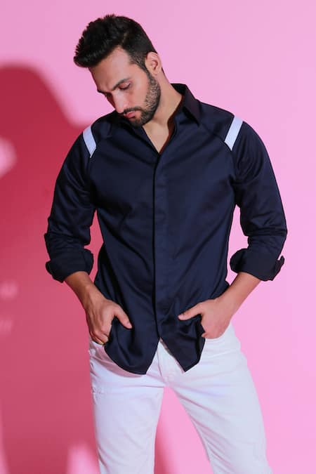 Echke_Blue Cotton Plain Full Sleeve Shirt _at_Aza_Fashions