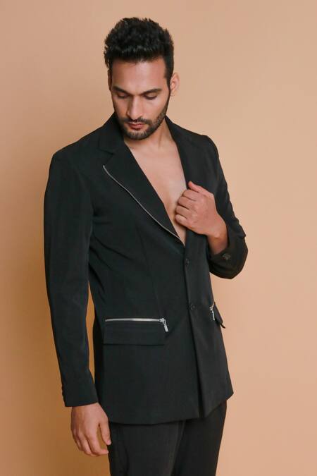 Shop_Echke_Black Crepe Blend Solid Jacket And Narrow Pant Set _at_Aza_Fashions