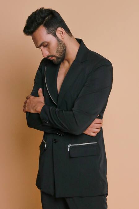 Echke_Black Crepe Blend Solid Jacket And Narrow Pant Set _Online_at_Aza_Fashions