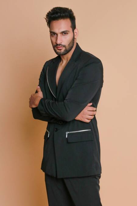 Buy_Echke_Black Crepe Blend Solid Jacket And Narrow Pant Set _Online_at_Aza_Fashions