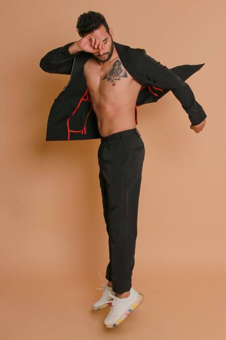 Shop_Echke_Black Crepe Blend Solid Jacket And Narrow Pant Set _Online_at_Aza_Fashions