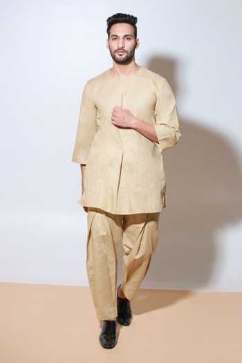 Echke_Beige Linen Pleated Long T-shirt And Pant Set_Online_at_Aza_Fashions