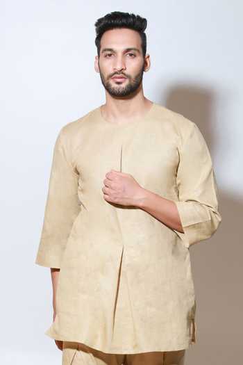 Buy_Echke_Beige Linen Pleated Long T-shirt And Pant Set_Online_at_Aza_Fashions