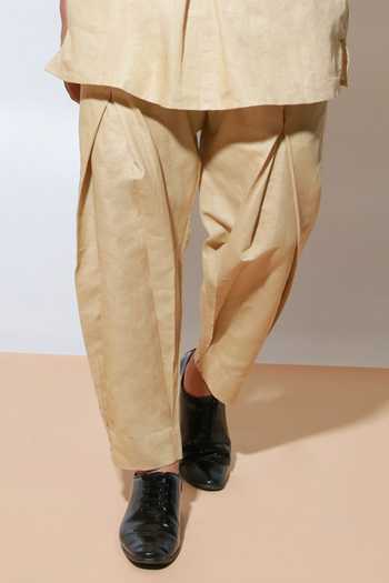 Shop_Echke_Beige Linen Pleated Long T-shirt And Pant Set_Online_at_Aza_Fashions