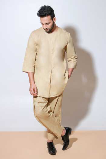 Echke_Beige Linen Pleated Long T-shirt And Pant Set_at_Aza_Fashions
