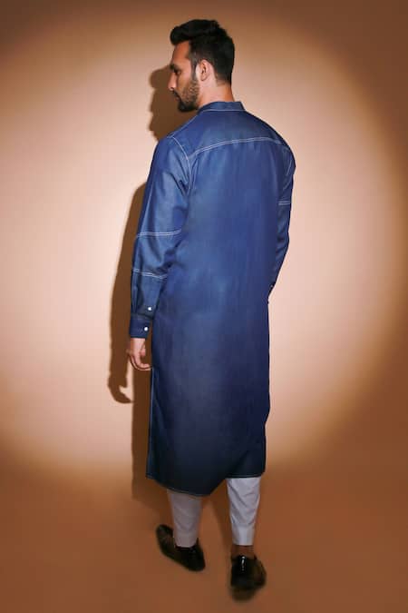 Shop Echke Blue Denim Kurta And Pant Set at Aza Fashions Shop_Echke_Blue Denim Kurta And Pant Set _at_Aza_Fashions