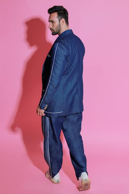 Shop Echke Blue Denim Jacket And Wide Trouser Set at Aza Fashions Shop_Echke_Blue Denim Jacket And Wide Trouser Set _at_Aza_Fashions
