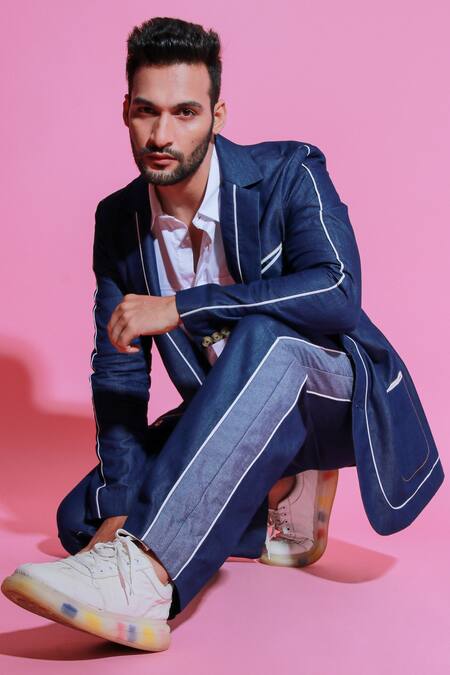 Echke Blue Denim Jacket And Wide Trouser Set Online at Aza Fashions Echke_Blue Denim Jacket And Wide Trouser Set _Online_at_Aza_Fashions