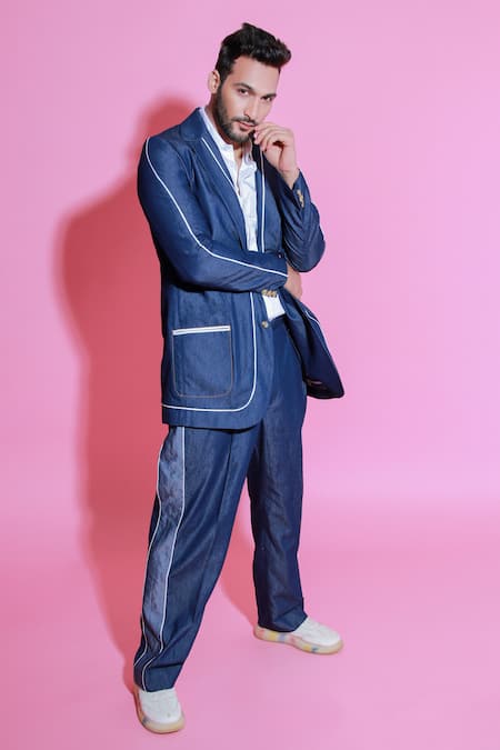 Buy Echke Blue Denim Jacket And Wide Trouser Set Online at Aza Fashions Buy_Echke_Blue Denim Jacket And Wide Trouser Set _Online_at_Aza_Fashions