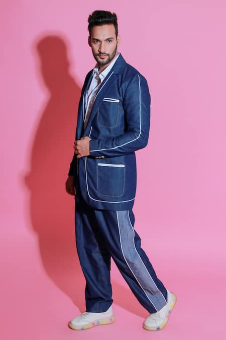 Shop Echke Blue Denim Jacket And Wide Trouser Set Online at Aza Fashions Shop_Echke_Blue Denim Jacket And Wide Trouser Set _Online_at_Aza_Fashions