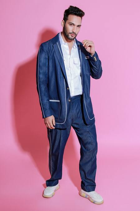 Echke Blue Denim Jacket And Wide Trouser Set at Aza Fashions Echke_Blue Denim Jacket And Wide Trouser Set _at_Aza_Fashions