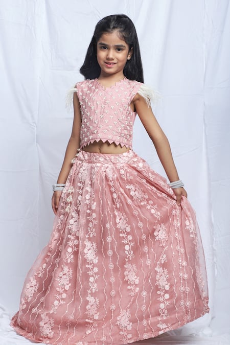 P & S Co Pink Silk Embroidered Thread Blossom Vine Lehenga With Blouse 