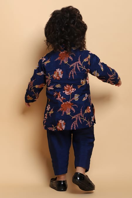 Shop_P & S CO_Blue Silk, Linen Embroidery Gara Kurta With Pyjama _at_Aza_Fashions