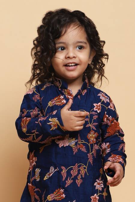 P & S CO_Blue Silk, Linen Embroidery Gara Kurta With Pyjama _Online_at_Aza_Fashions