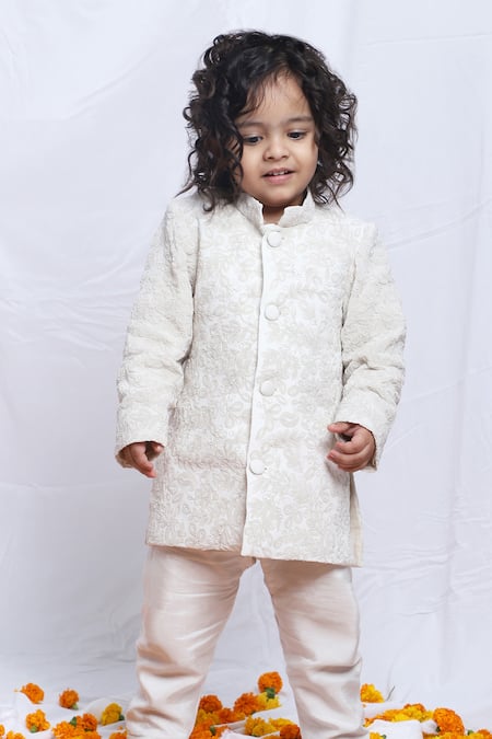 P & S CO White Silk, Linen Embroidery Cord Sherwani With Pyjama Online at Aza Fashions P & S CO_White Silk, Linen Embroidery Cord Sherwani With Pyjama _Online_at_Aza_Fashions