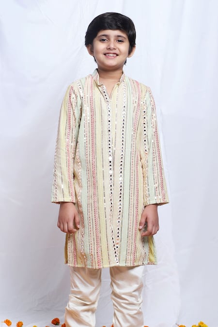 P & S CO_Multi Color Silk, Linen Embroidery, Mirrors Thread Kurta With Pyjama _Online_at_Aza_Fashions