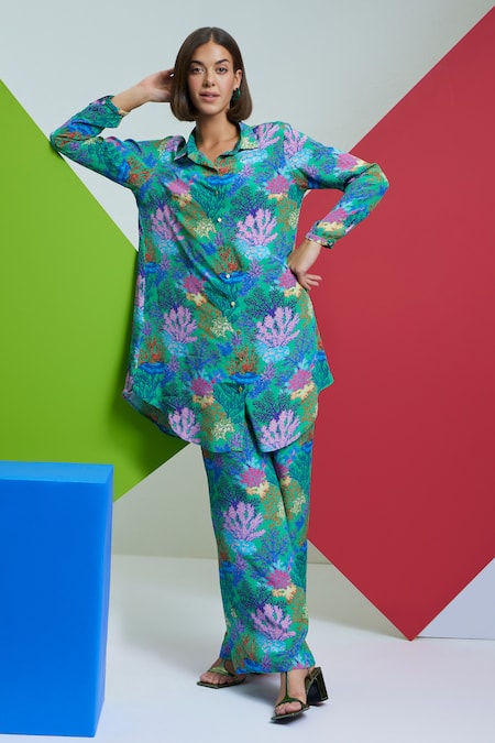 Buy_Nautanky_Green Crepe Embroidery Shawl Neck Modest Coral Print Long Shirt And Pant Set _Online_at_Aza_Fashions