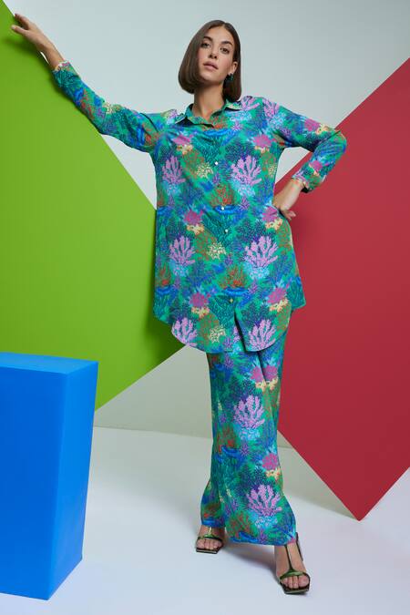 Shop_Nautanky_Green Crepe Embroidery Shawl Neck Modest Coral Print Long Shirt And Pant Set _Online_at_Aza_Fashions