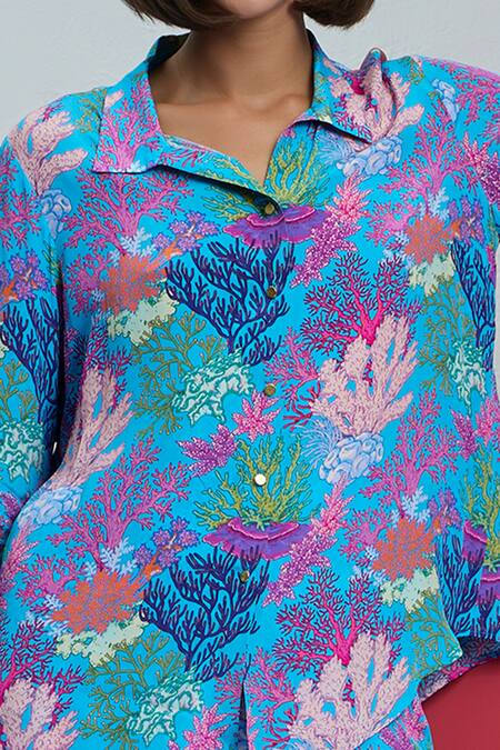 Nautanky_Blue Crepe Shawl Neck New Era Coral Print Shirt And Pant Set _Online_at_Aza_Fashions