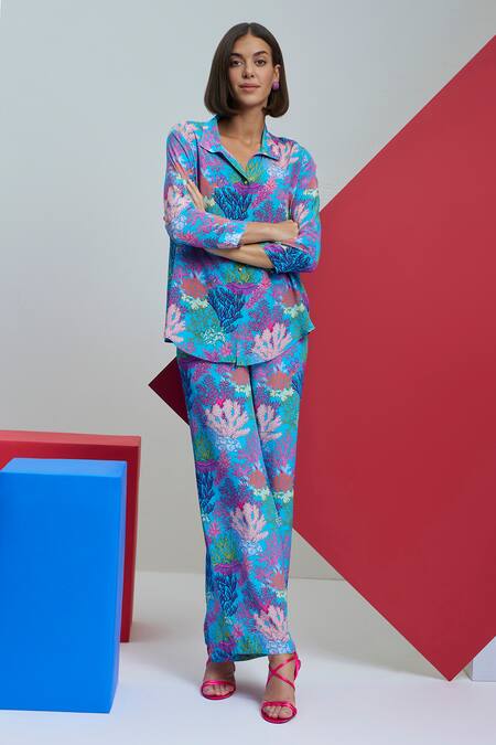 Buy_Nautanky_Blue Crepe Shawl Neck New Era Coral Print Shirt And Pant Set _Online_at_Aza_Fashions
