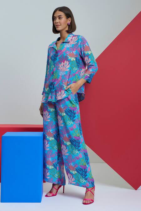 Shop_Nautanky_Blue Crepe Shawl Neck New Era Coral Print Shirt And Pant Set _Online_at_Aza_Fashions