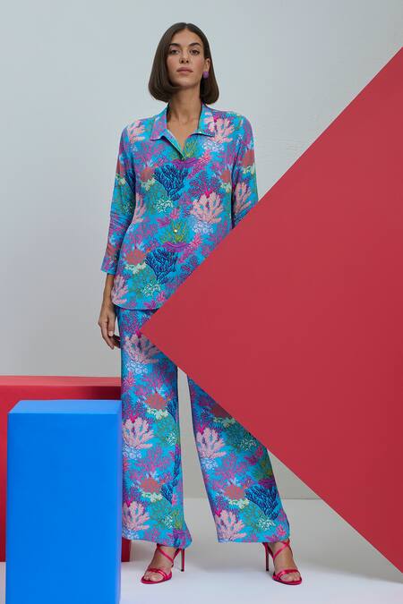 Nautanky_Blue Crepe Shawl Neck New Era Coral Print Shirt And Pant Set _at_Aza_Fashions